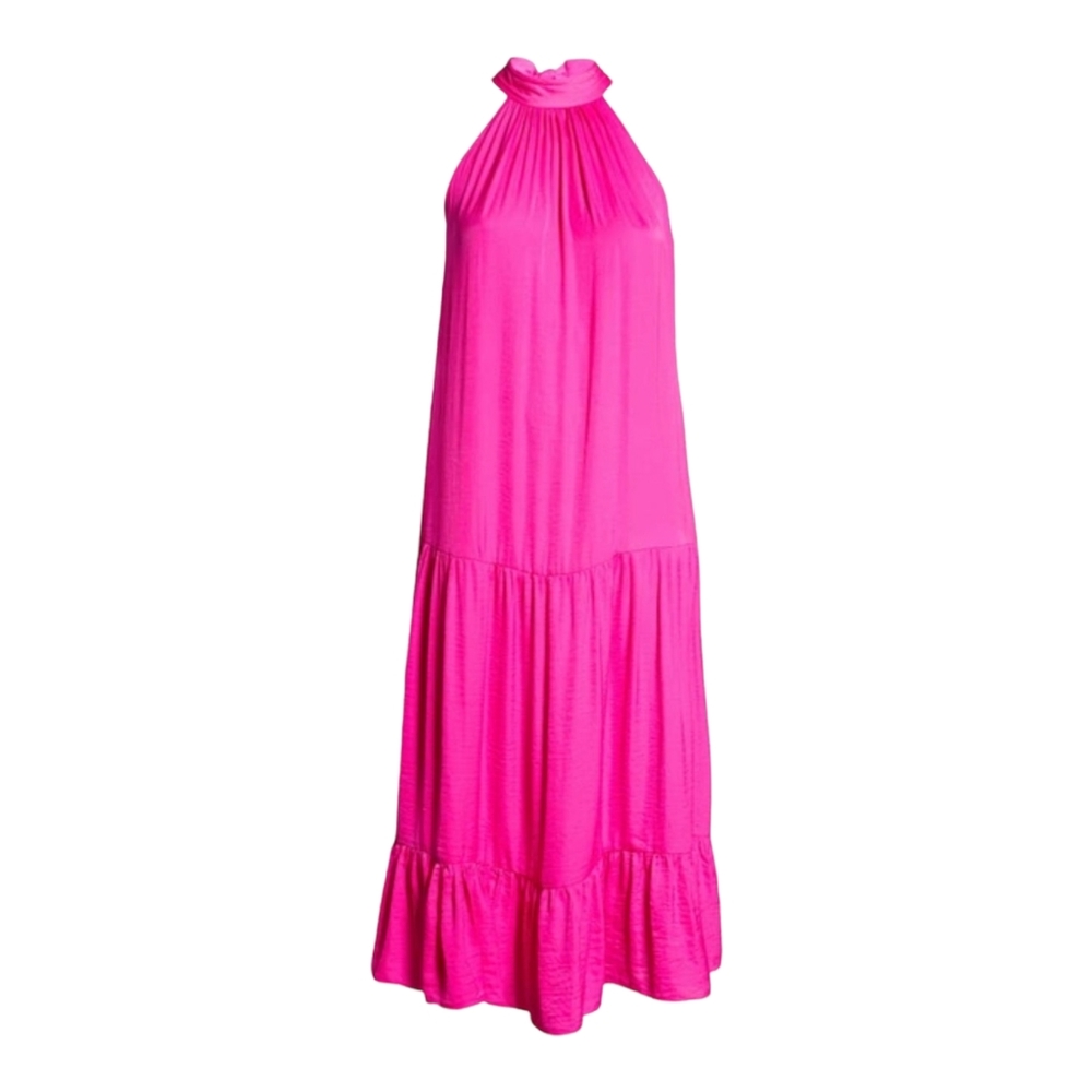 Vince Camuto Tiered Rumple Satin Maxi Dress Plus Size(1X) Halter Neck Sleeveless
